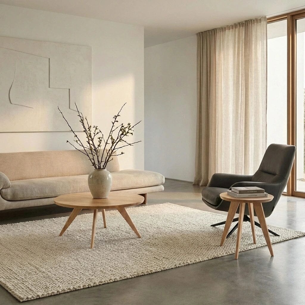 Minimalist living room with a beige sofa, light wood coffee table with a vase, black armchair, TY Fine Furniture Essentials Round Side Table in Maple, books, textured rug, large windows, sheer curtains, and abstract wall art.