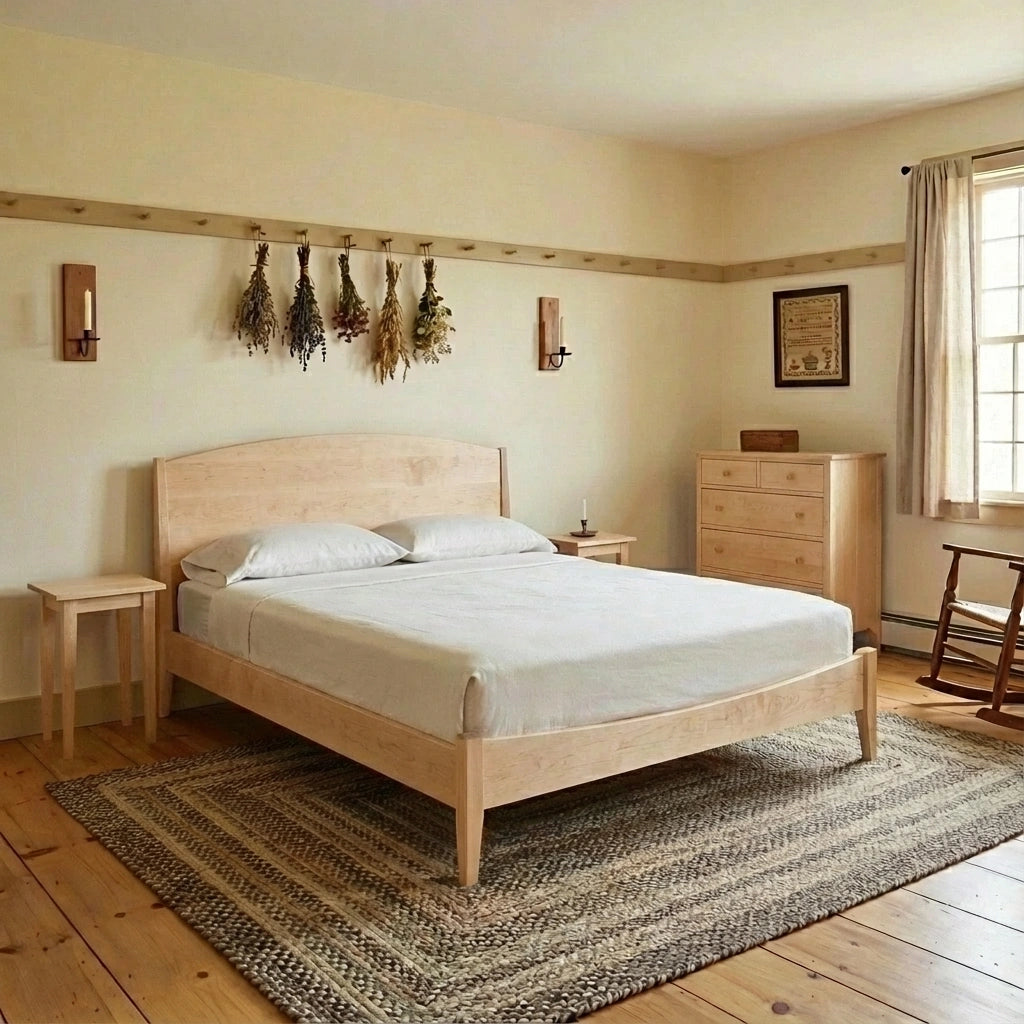 A minimalist bedroom with a T.Y. Fine Furniture Shaker Platform Bed in solid maple, light wood nightstands and dresser, white bedding, dried herbs above the bed, and sunlight through beige curtains highlights the clean craftsmanship.