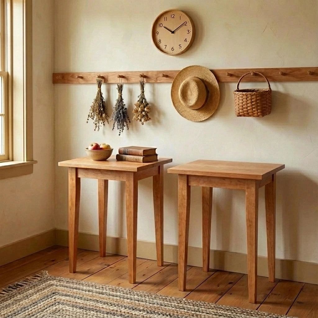 Two TY Fine Furniture Shaker Side Tables—solid cherry wood nightstands—stand on a wooden floor near a window. One holds fruit and books, with a clock, straw hat, basket, and dried herbs above. A woven rug anchors the Shaker-style scene.