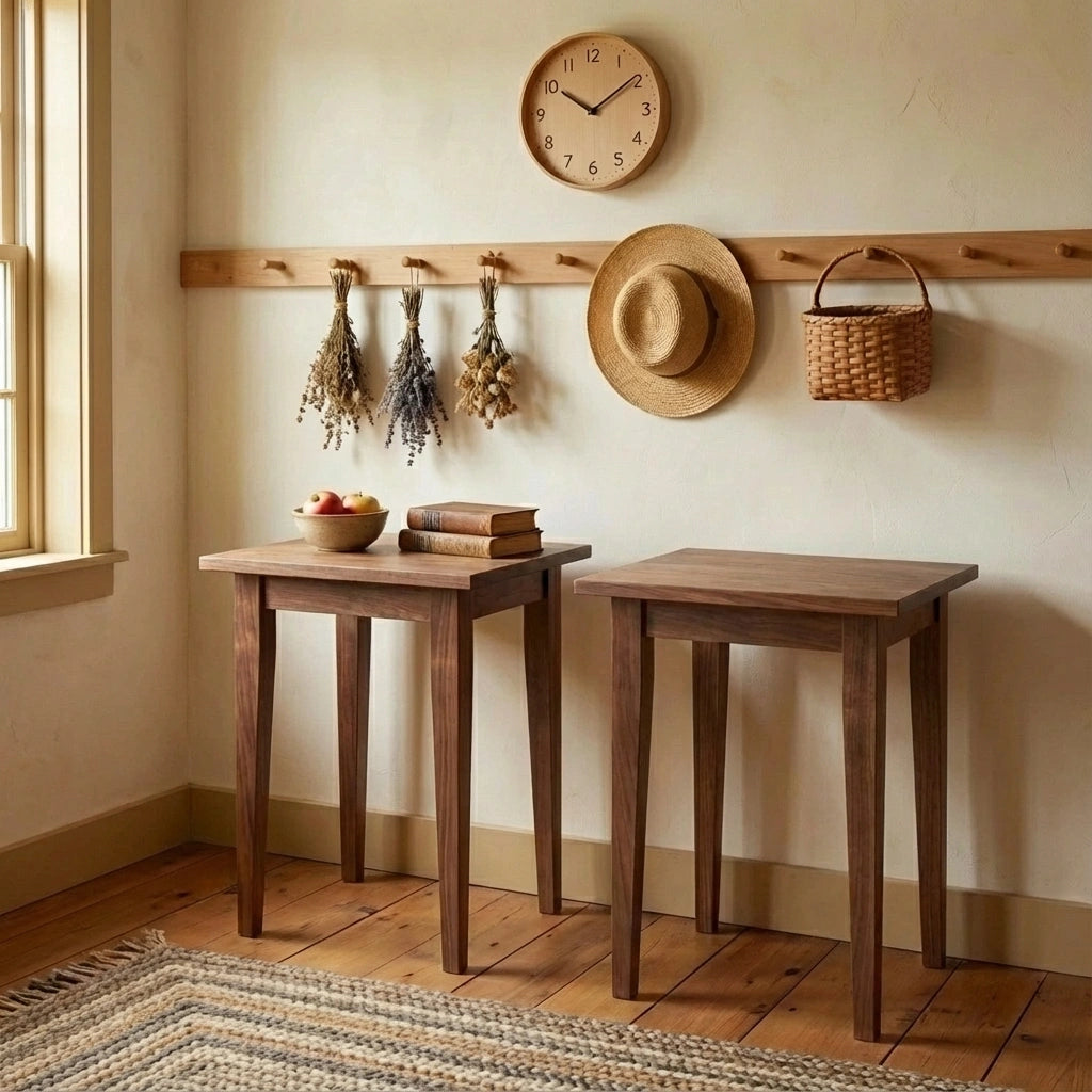 A cozy room features TY Fine Furniture’s Shaker Side Table in solid walnut, paired with another wooden table, books, fruit bowl, woven hat, basket, and dried herbs. A clock and window complete the inviting rustic look.