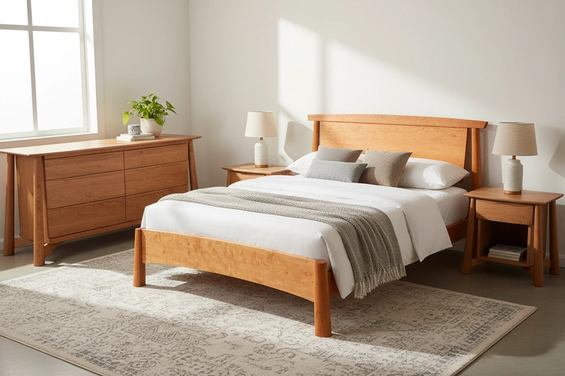 The Sunrise Dresser, Platform Bed, and Side Tables in Cherry in a bedroom. All wood furniture made in USA, using natural solid wood. 