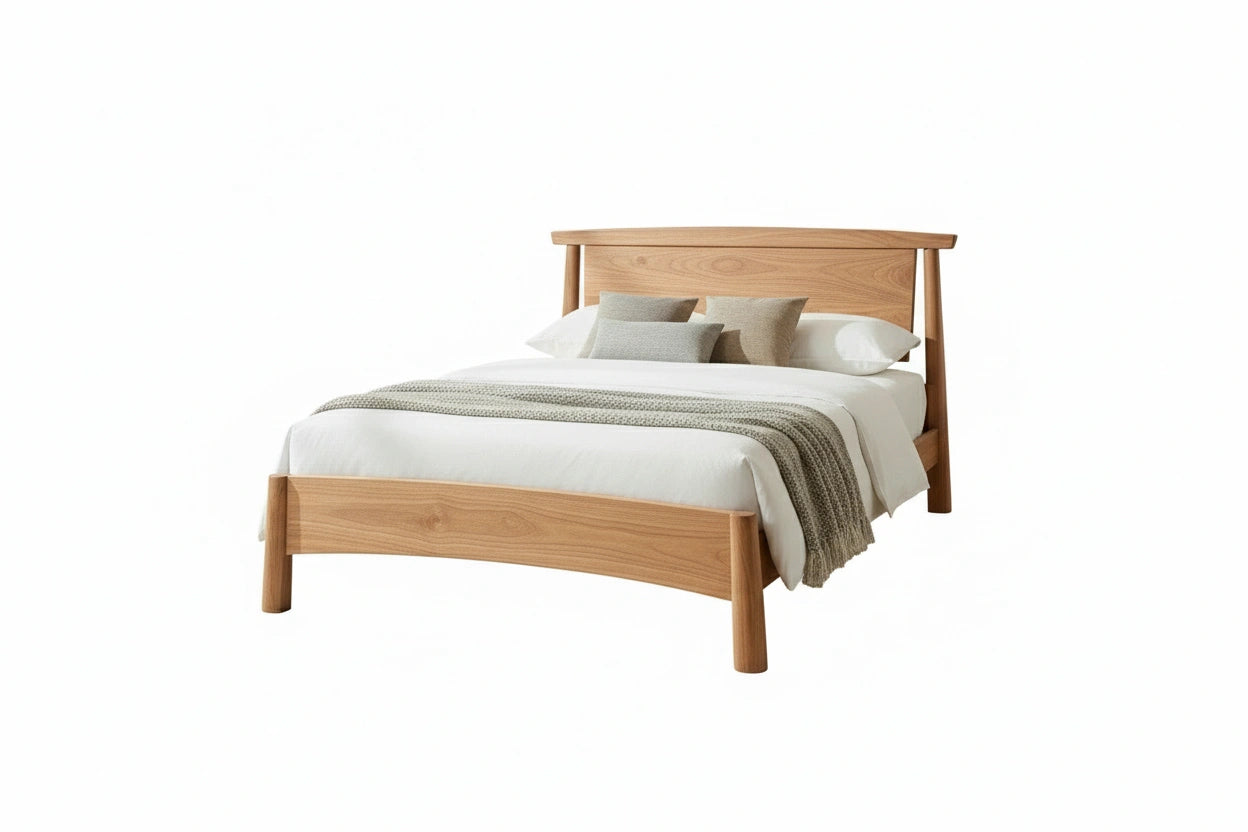 Wooden platform bed with white background. This is the Sunrise Platform Bed in White Oak, made in USA. 