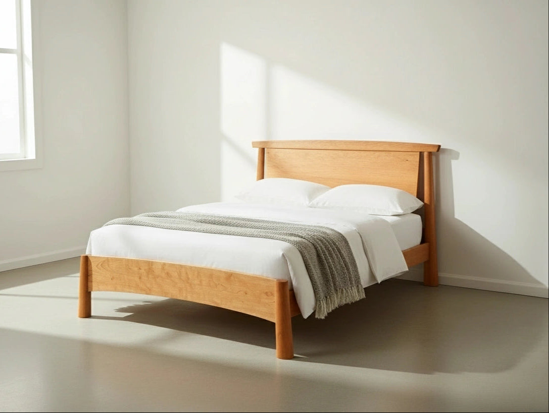 Wooden bed with white bedding and a blanket in a bright room. It's the Sunrise Platform Bed, made in USA, using natural solid wood. 