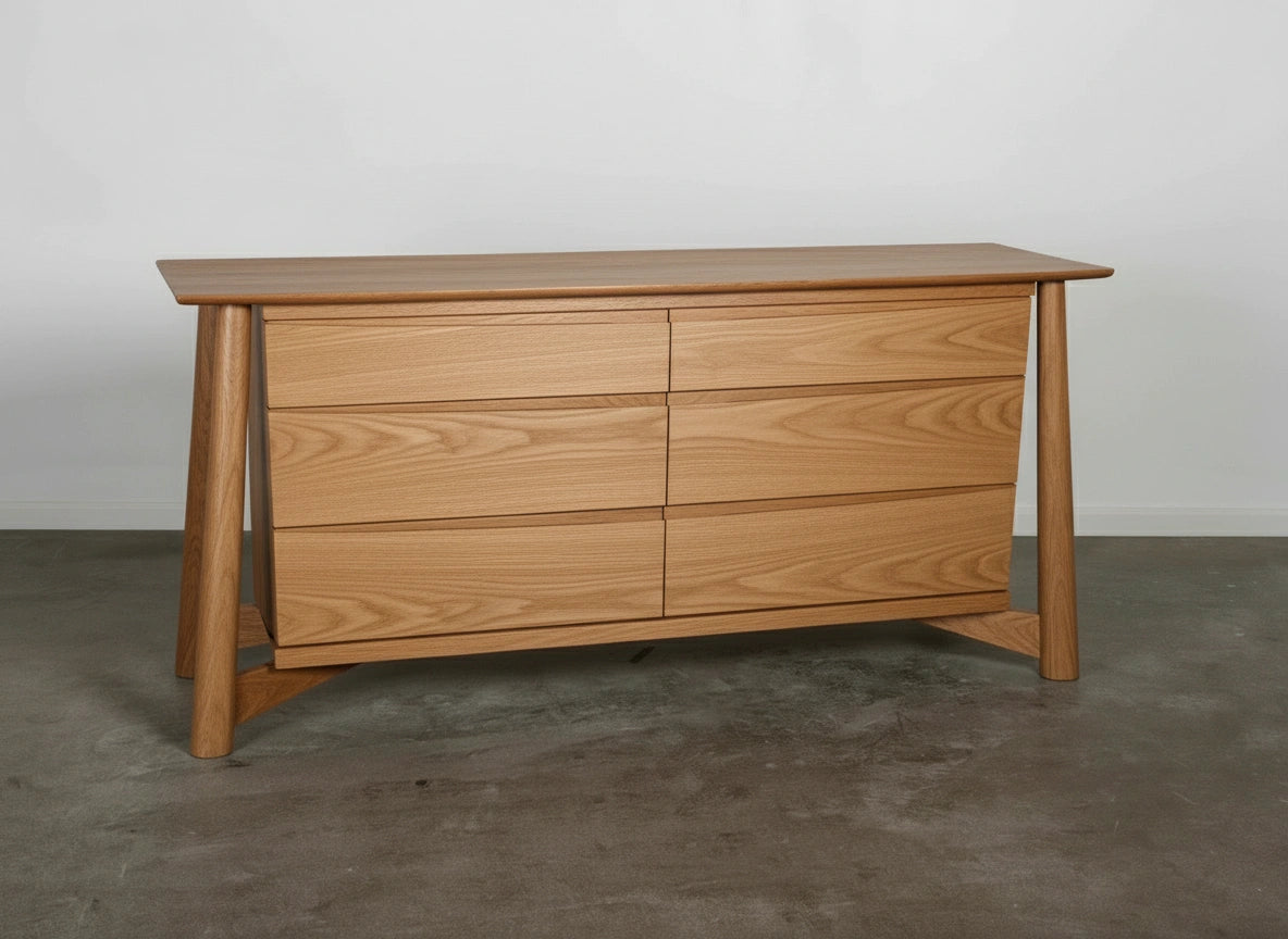 Sunrise Dresser in White Oak, a wooden dresser with six drawers. Made in USA using natural solid wood. 