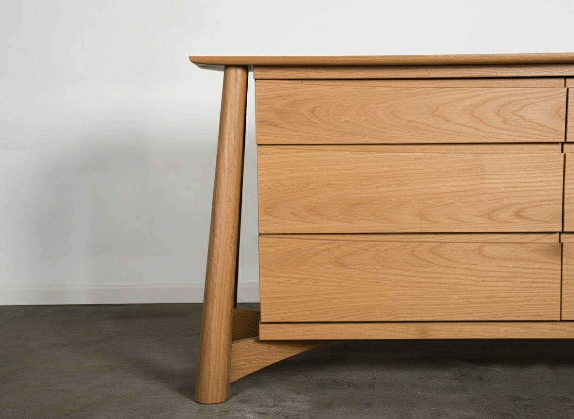 Close up image of Sunrise Dresser in White Oak, a unique wooden dresser. Made in USA using natural solid wood. 