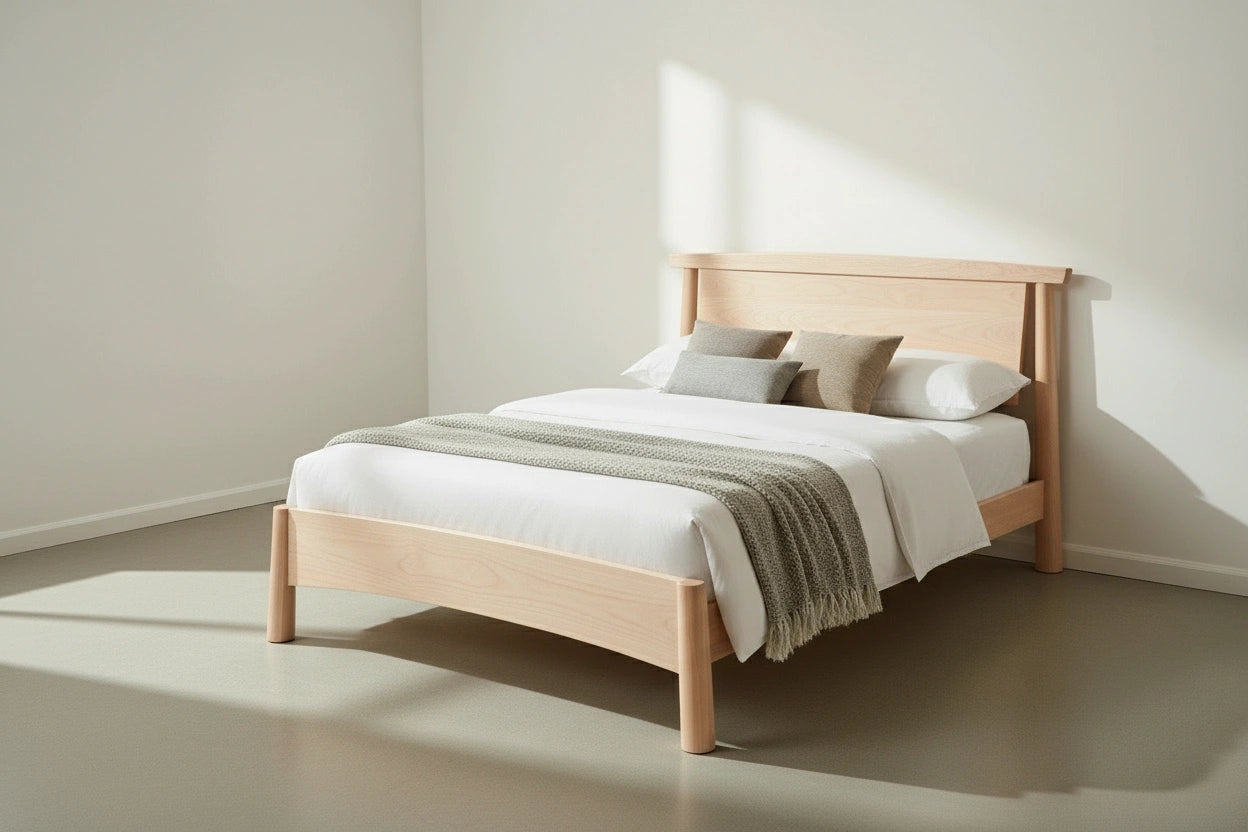 Wooden bed with white bedding and gray blanket in a minimalist bedroom. This is the Sunrise Platform Bed built from hard maple. 