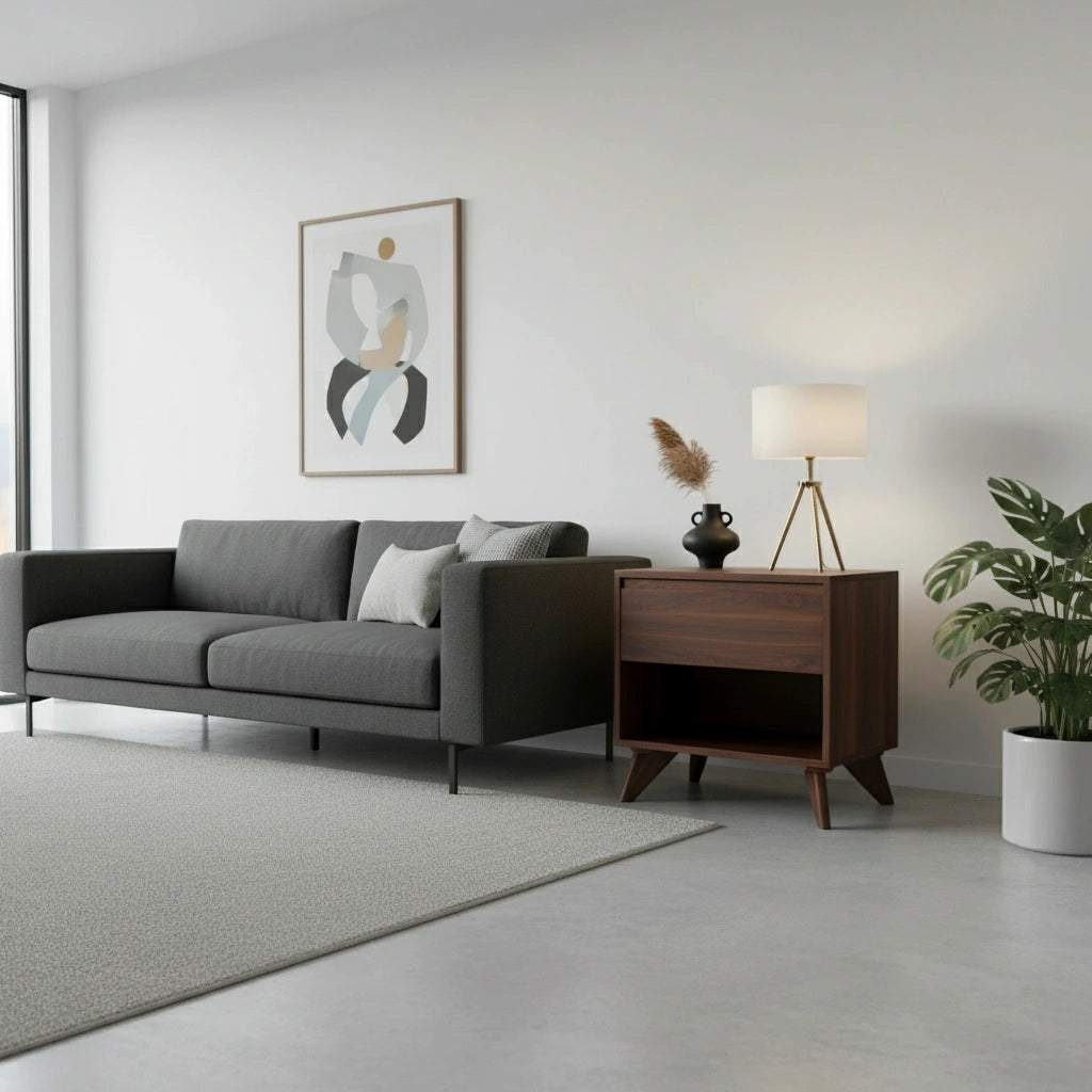 A modern living room with a gray sofa, abstract wall art, the TY Fine Furniture Modern Cube Side Table in walnut with Italian drawer slides, a lamp, vase, potted plant, and a light-colored rug on a concrete floor.