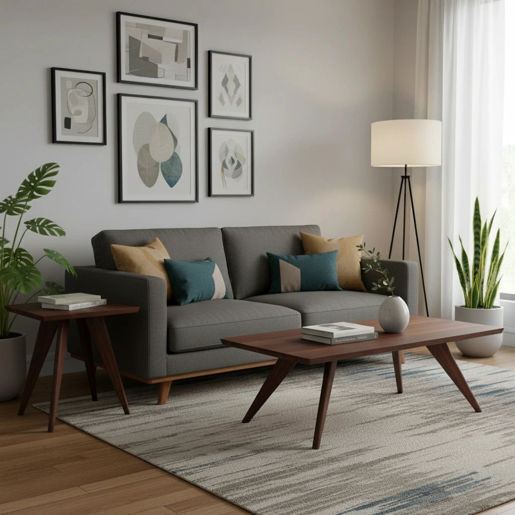 A modern living room with a gray sofa, teal and yellow pillows, abstract art, indoor plants, a floor lamp, sheer white curtains, and the TY Fine Furniture Essentials Solid Wood Side Table Walnut creates a Mid Century Modern vibe.