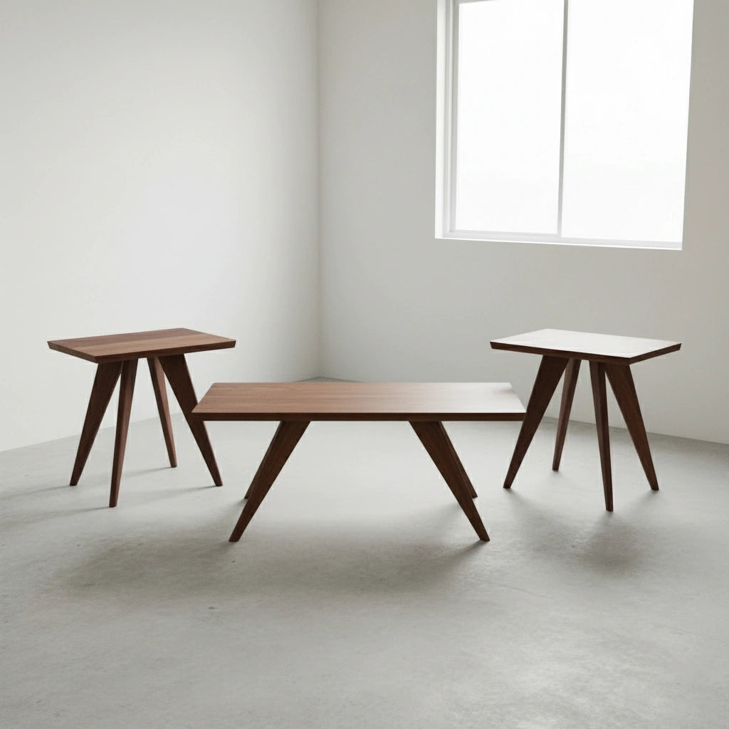 Three TY Fine Furniture Essentials Solid Wood Side Tables in walnut, featuring angled legs, are set in a minimalistic room with light walls, a concrete floor, and a large window allowing natural light to fill the space.