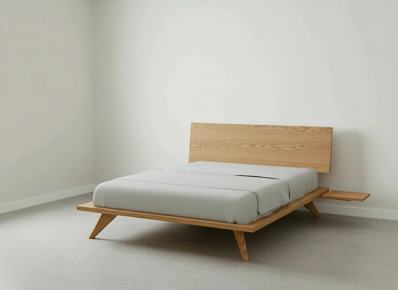 Atomic platform bed in solid white oak with side tables