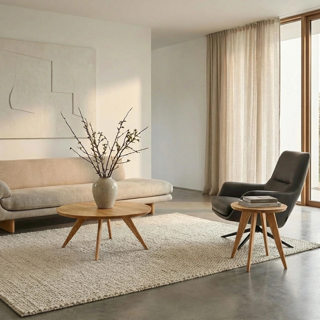 A modern minimalist living room with a beige sofa, black armchair, large textured rug, abstract wall art, sheer curtains, and the Essentials Solid Wood Round Side Table by TY Fine Furniture in white oak, handcrafted in Columbus, Ohio.