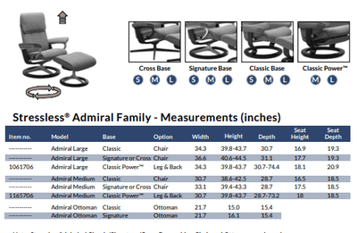 Stressless Admiral Family Measurements table