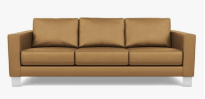 A tan leather sofa with three cushions
