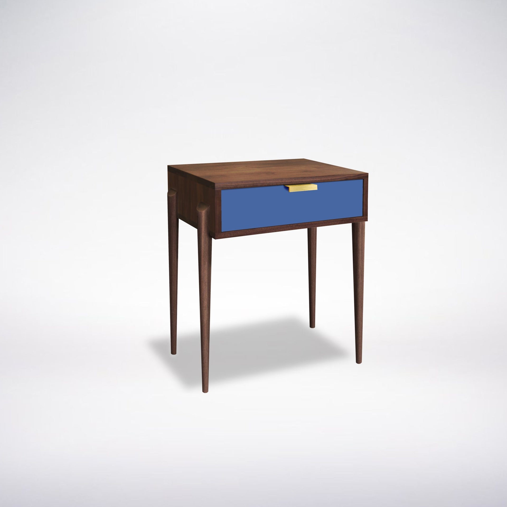 Solid wood side table with a blue drawer face