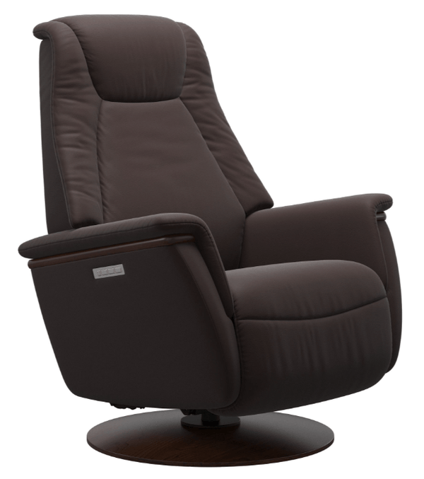 A brown recliner chair with a high back and armrests, on a swivel base.
