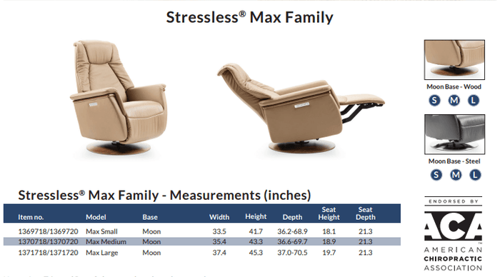 Stressless Max Family recliner chair measurements and product information.