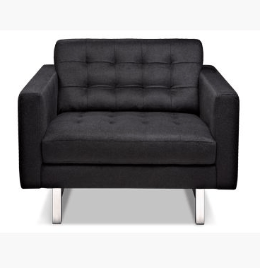 The American Leather PARKER Chair by American Leather features modern black upholstery, tufted high-density foam cushions, wide armrests, and sleek silver metal legs, displayed against a plain white background.