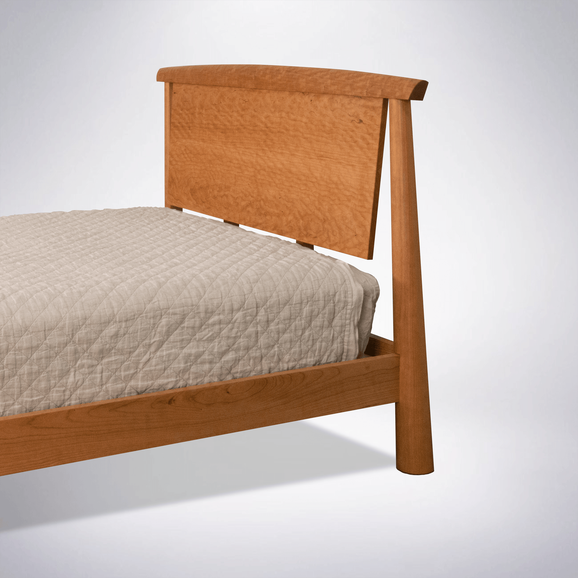Natural solid wood headboard of an organic modern bed frame