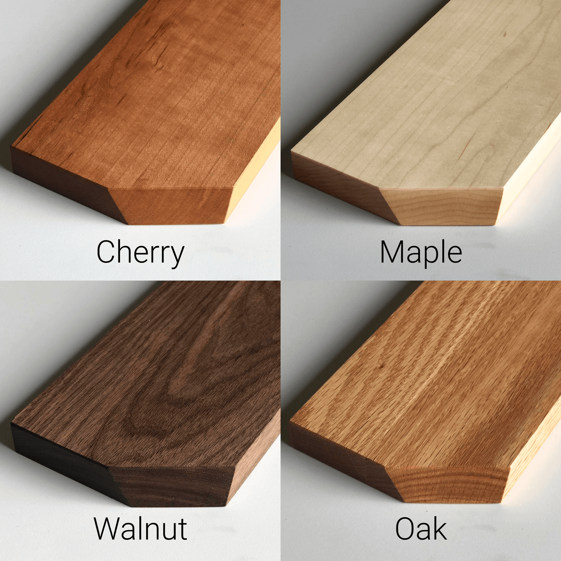 Solid wood samples of cherry, maple, walnut, and oak